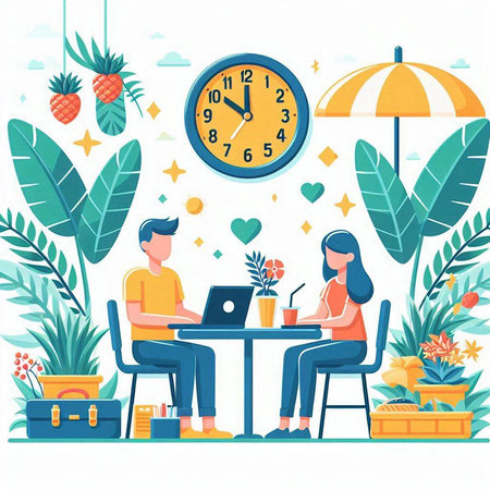 Flat design modern vector illustration concept of online dating. Man and woman sitting at the table with laptop and drinking coffee.のイラスト素材
