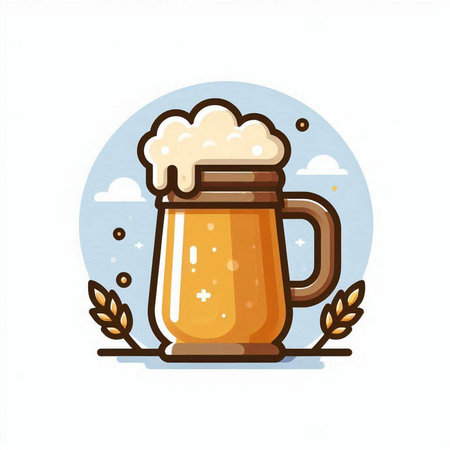 Beer mug with foam and wheat on white background. Vector illustration.のイラスト素材
