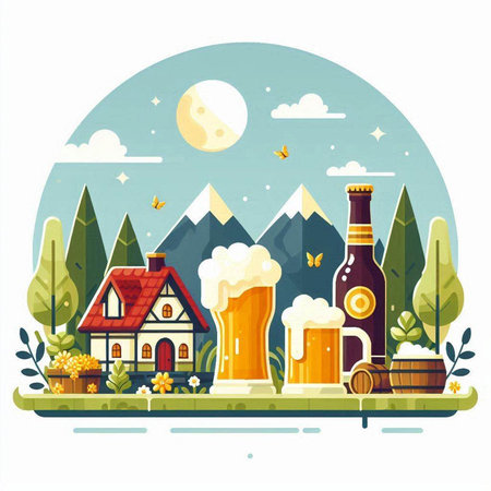 Vector illustration of a beer house on the background of the mountains.のイラスト素材