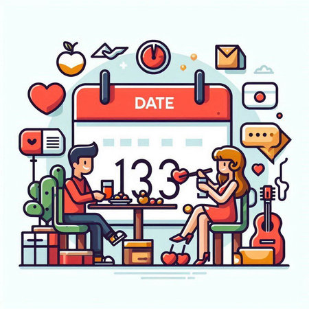 Vector illustration of a date in a cafe. Flat line art style design.のイラスト素材