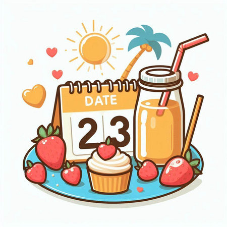 Illustration of a Calendar with a Cupcake and a Summer Drinkのイラスト素材