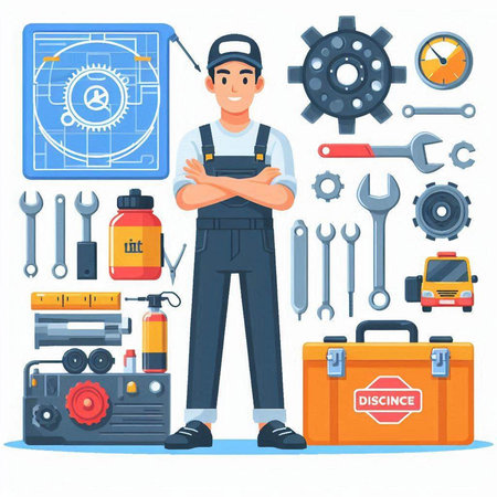 Repairman with tools in flat style. Mechanic with tools. Vector illustrationのイラスト素材
