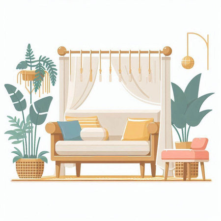 Living room interior with sofa, armchair and plants. Vector illustration.のイラスト素材