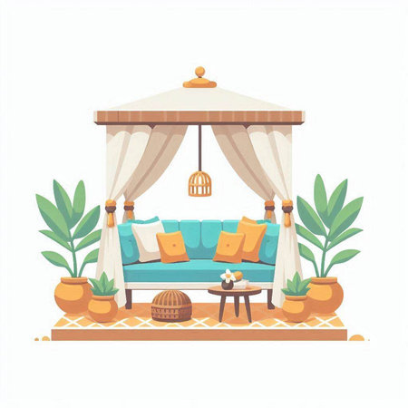 Gazebo with cushions and a coffee table. Vector illustrationのイラスト素材