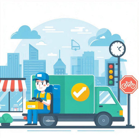 Delivery man with parcel on the background of the city. Vector illustrationのイラスト素材