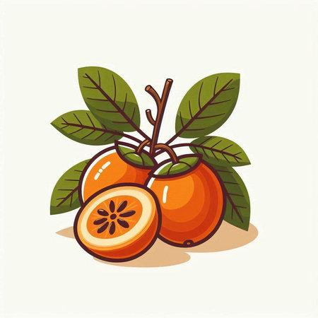 Illustration of persimmon fruit with leaves isolated on white backgroundのイラスト素材