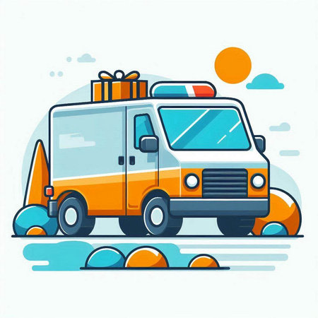 Vector illustration of delivery van with gift box. Flat line art style.のイラスト素材