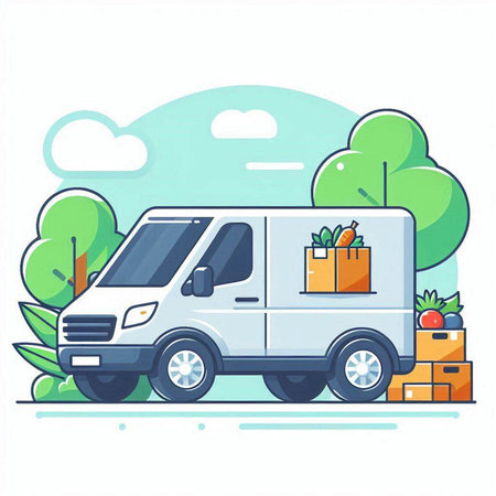 Delivery van with boxes. Vector illustration in flat cartoon style on white background.のイラスト素材