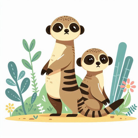 Vector illustration of a cute meerkat family in the garden.のイラスト素材