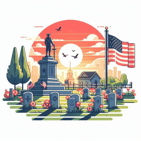Vector illustration of a gravestone with American flag and cemetaryのイラスト素材