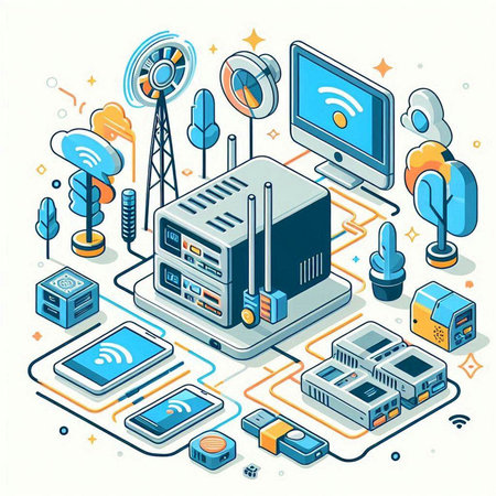 Vector isometric 3d illustration of telecommunication, internet, network, server, mobile phone, wireless connection.のイラスト素材