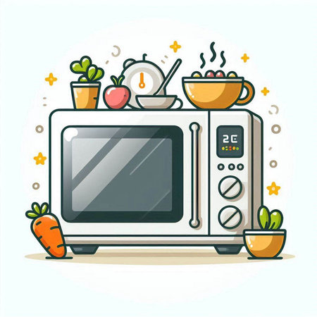 Microwave oven with food and vegetables. Kitchen appliances. Vector illustration.のイラスト素材