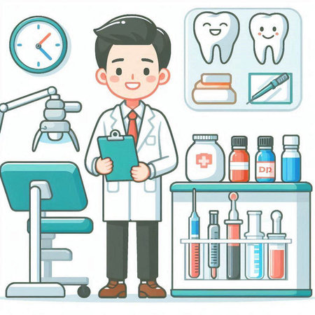 Illustration of a Male Dentist Holding a Clipboard in a Dental Clinicのイラスト素材