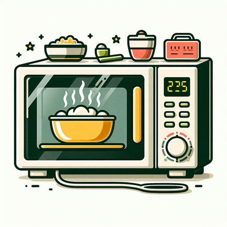 Vector illustration of microwave oven with bowl of rice on white background.のイラスト素材