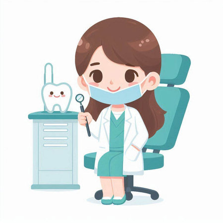 Illustration of a cute girl in a dentist's chair with a toothbrushのイラスト素材