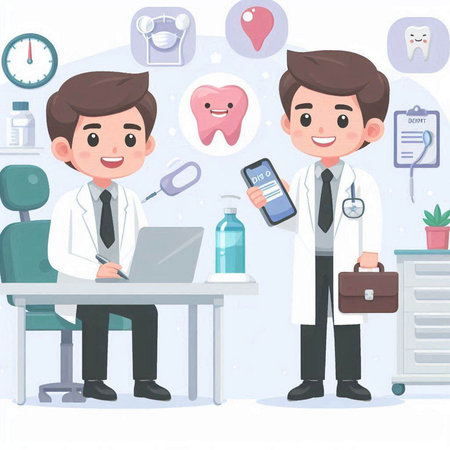 Doctor and dentist in the office. Vector illustration in cartoon style.のイラスト素材