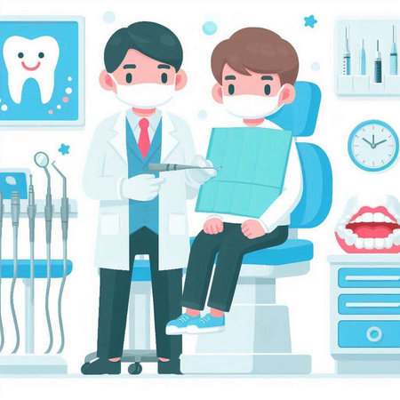 Dentist and patient in the dental office. Vector illustration.のイラスト素材
