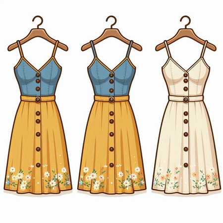 Set of women's dresses on a hanger. Vector illustration.のイラスト素材