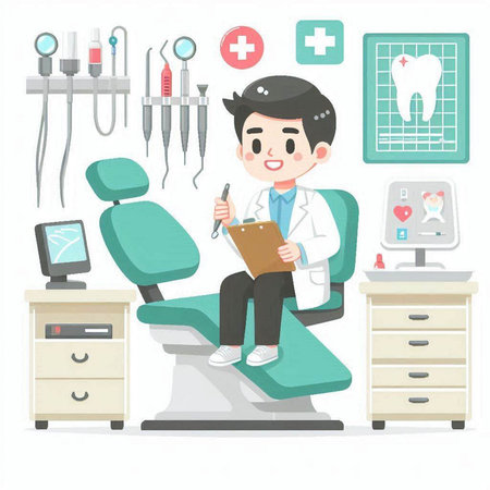 Male dentist sitting on dental chair and writing in notebook. Vector illustration.のイラスト素材