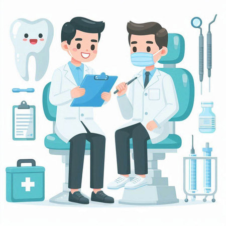 Dentist and patient in the dentists office. Vector illustrationのイラスト素材