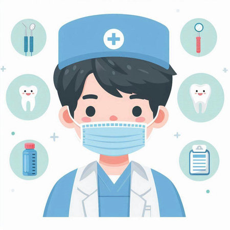 cute cartoon doctor with dental care related icons on white background.のイラスト素材