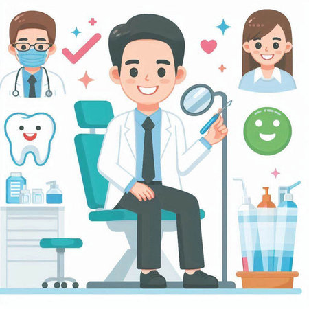 Male dentist and female patient in dental office. Dentistry and healthcare concept. Vector illustrationのイラスト素材