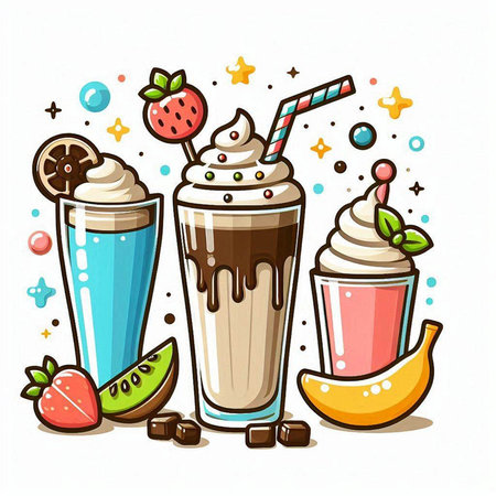 Set of milkshakes with fruits and berries. Vector illustration.のイラスト素材