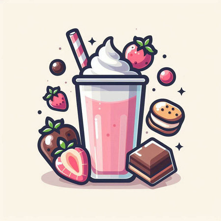 Vector illustration of strawberry milkshake in a glass with strawberries, chocolate and sweets.のイラスト素材
