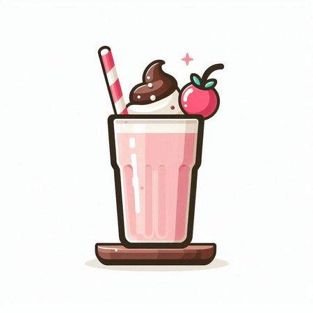 Milkshake with whipped cream and cherry in a glass. Vector illustration.のイラスト素材