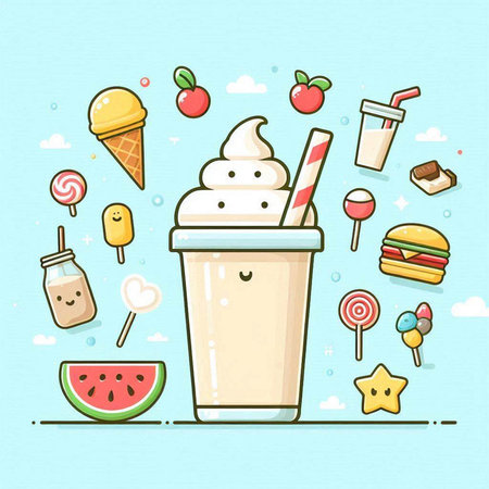 Vector illustration of a cup of milkshake with ice cream, fruit and sweets.のイラスト素材