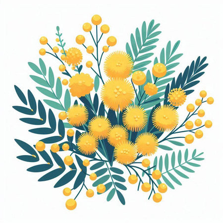 Bouquet of mimosa flowers and leaves. Vector illustration.のイラスト素材