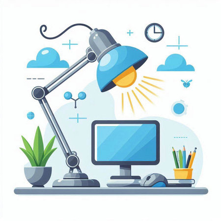 Workplace with computer, lamp and plant. Flat vector illustration.のイラスト素材