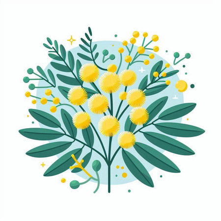 Bouquet of yellow mimosa flowers with green leaves. Vector illustration.のイラスト素材