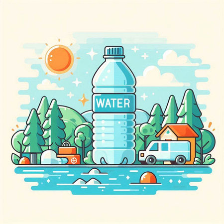 Vector illustration of a bottle of water in the forest. Flat design.のイラスト素材