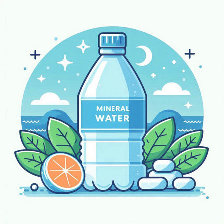 Vector illustration of a bottle of mineral water with lemon and green leaves.のイラスト素材