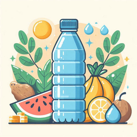 Bottle of water with fruits and vegetables. Flat vector illustration.のイラスト素材
