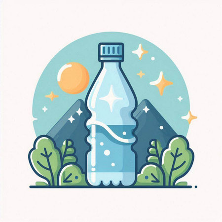 Vector illustration of a bottle of water on a background of mountains.のイラスト素材
