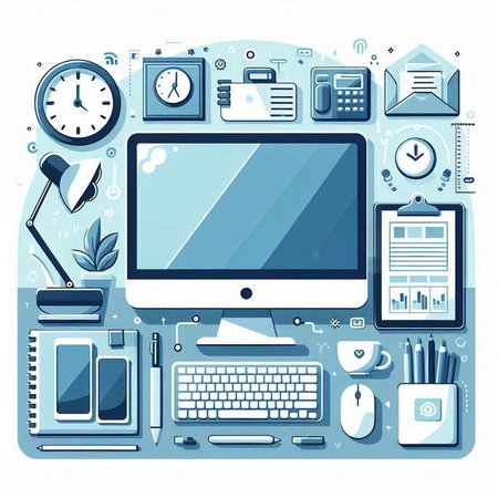 Vector illustration of desktop with computer, mobile phone, office supplies and stationery.のイラスト素材