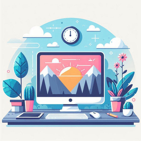 Workplace with computer, plant and clock. Flat style vector illustration.のイラスト素材