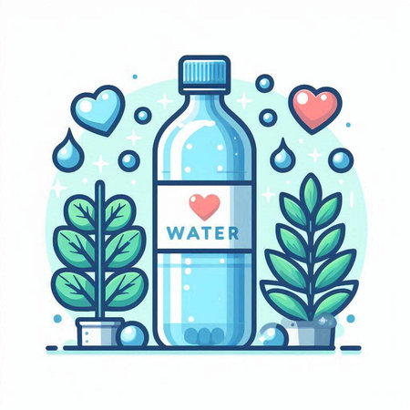 Water bottle with water drops and plants. Vector illustration in flat styleのイラスト素材