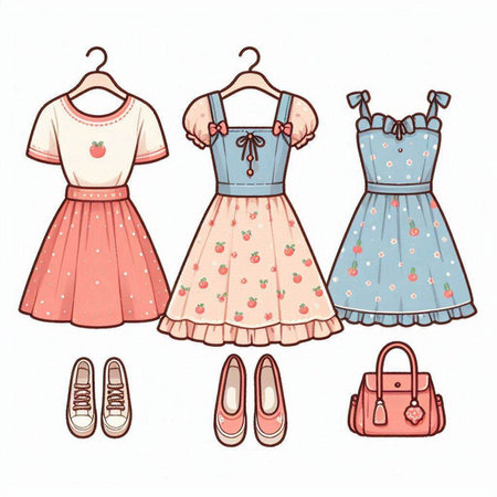 Illustration of a set of women's dresses and shoes on a white backgroundのイラスト素材