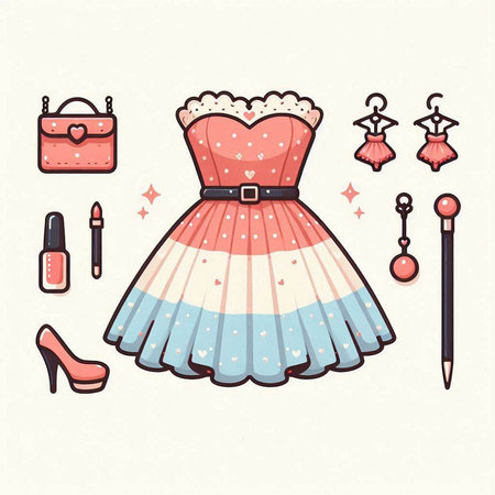 Vector set of women's clothing and accessories. Hand drawn illustration.のイラスト素材