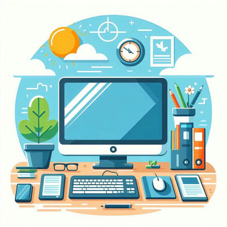 Flat design modern vector illustration concept of workplace with computer, office supplies and gadgets.のイラスト素材