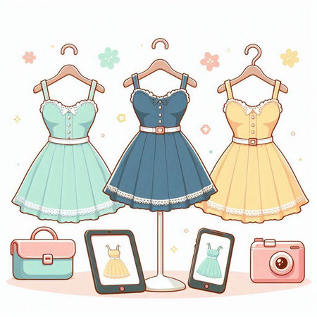 Illustration of women's clothing and accessories on a white background.のイラスト素材
