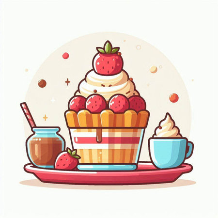 Cupcake with whipped cream, strawberry and jam. Vector illustration.のイラスト素材