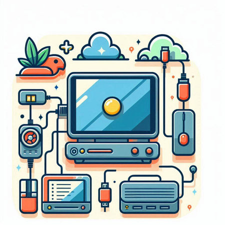 Modern flat design vector illustration concept of computer, hardware, electronics and multimedia.のイラスト素材