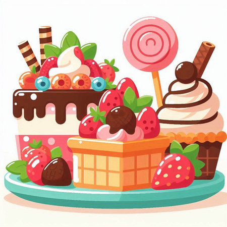 Vector illustration of a cake with strawberries, ice cream, lollipops and chocolateのイラスト素材