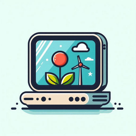 Vector illustration of modern flat design concept of ecology and environment protection. Laptop with wind turbine and plant on screen.のイラスト素材