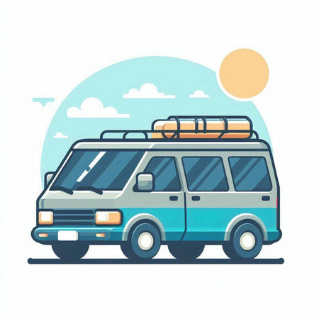 Vintage retro van with luggage on roof, flat vector illustration.のイラスト素材