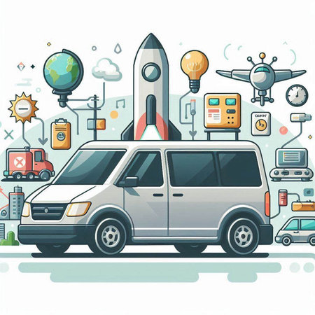 Vector illustration of a car in the city. Concept of travel, transportation, business.のイラスト素材